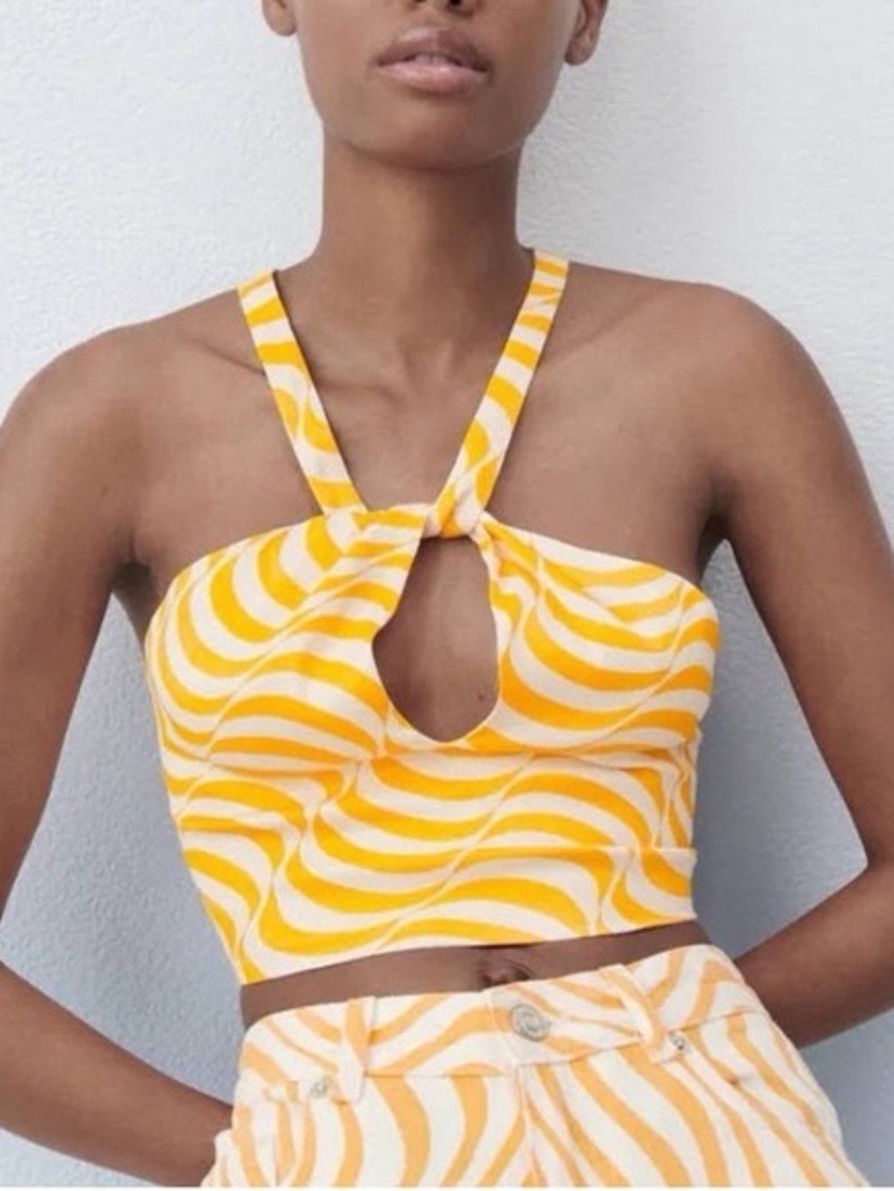 Zara Yellow Wave Halter Keyhole Crop Top S